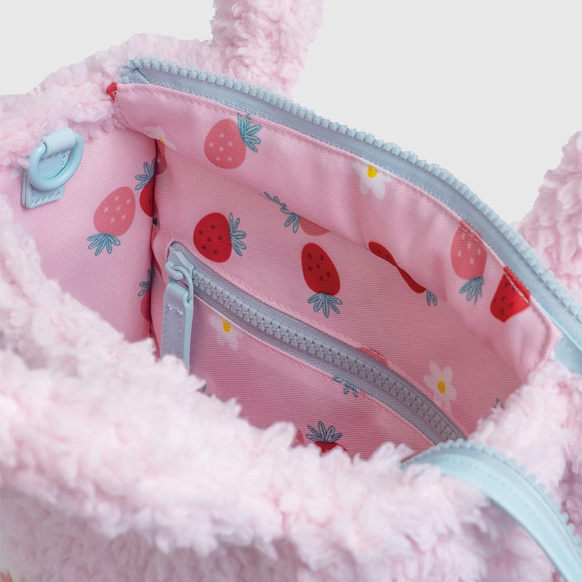Sherpa Tote Bag – Cozy, Colorful & Convertible with Matching Coin Purse, Strawberries + Daisies