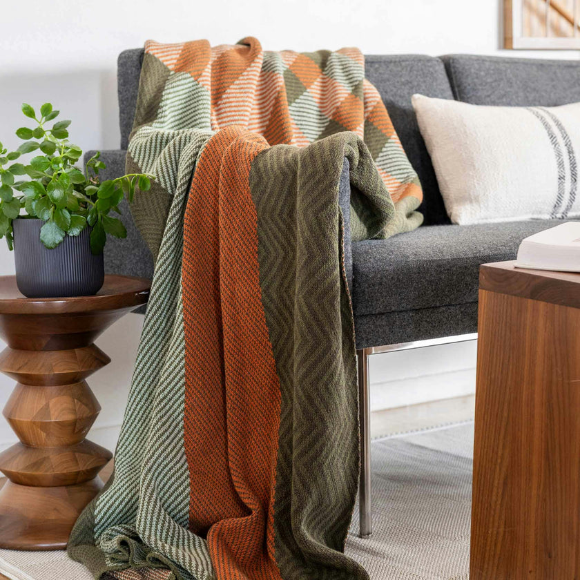 Cotton Sustainable Knit Plaid Solid Throw Blanket - Patchwork Herringbone