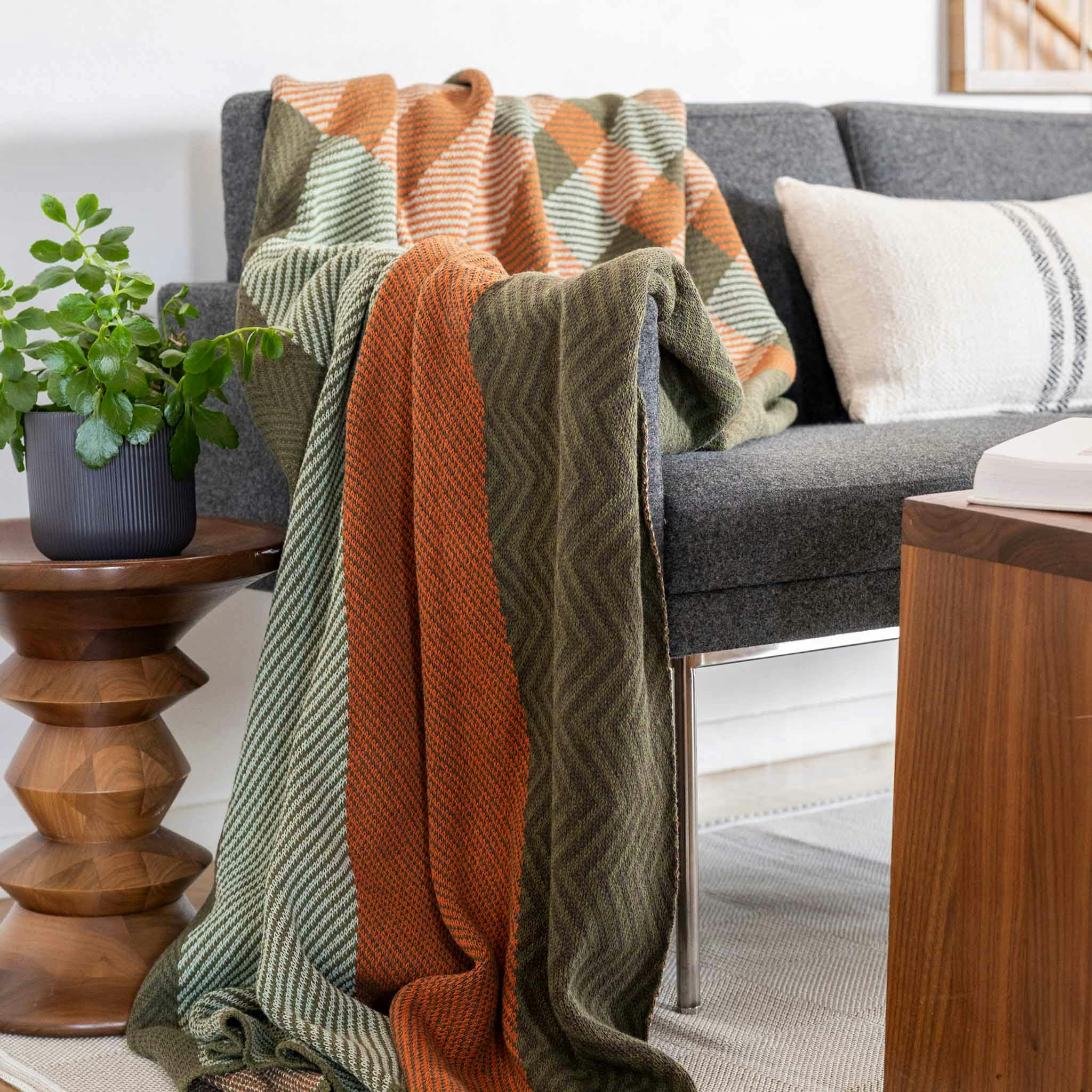 Cotton Sustainable Knit Plaid Solid Throw Blanket - Patchwork Herringbone