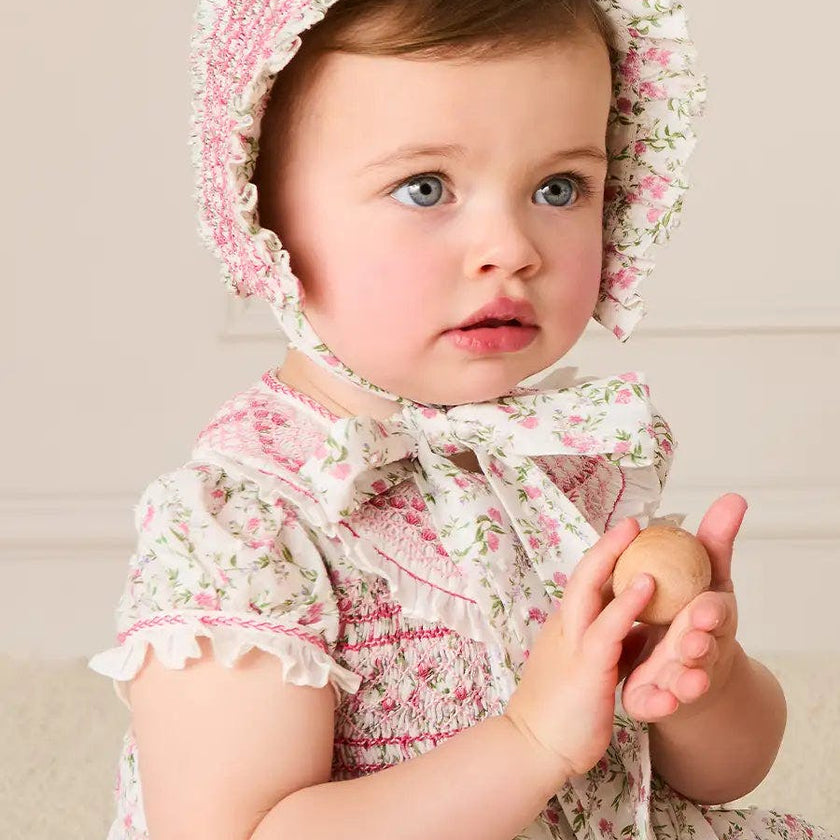 Alice Floral Double Breasted Hand Smocked Romper in Pink (6mths-2yrs)