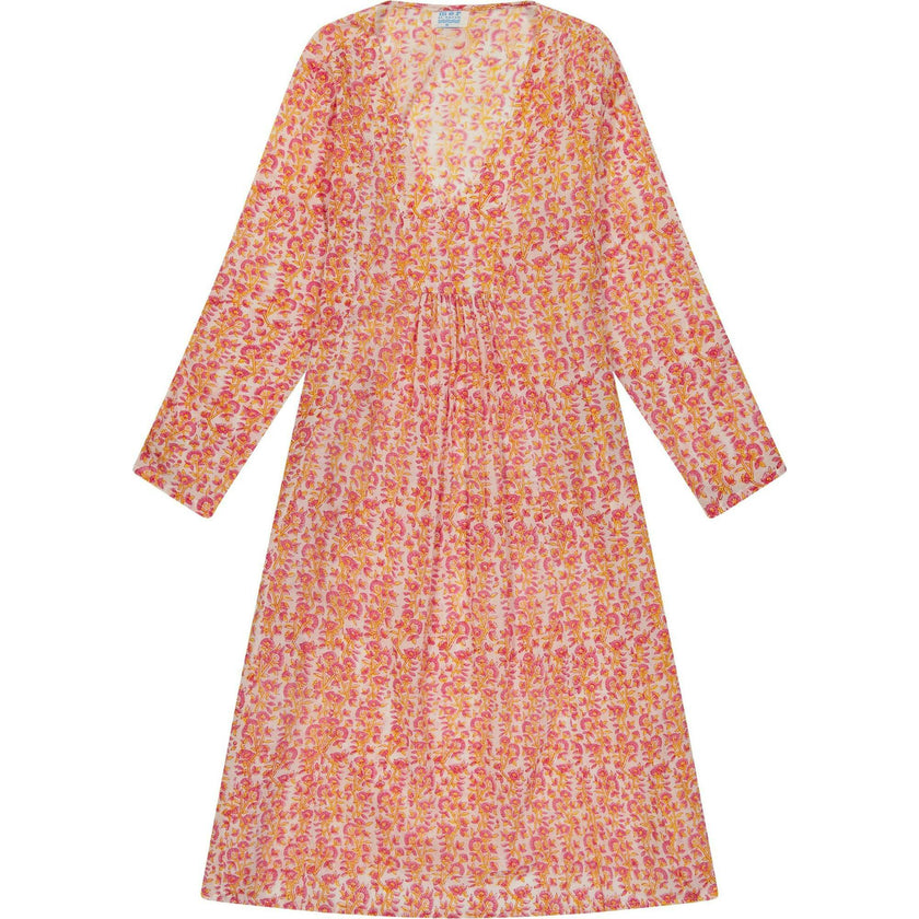 Women's Floral Block Print V-Neck Fit-N-Flare Long Sleeve Caftan  Dress