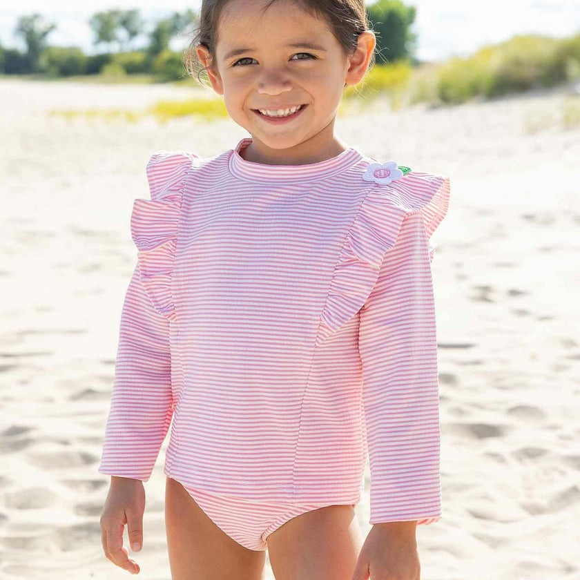 Stripe Seersucker Rashguard Swimsuit With Flower