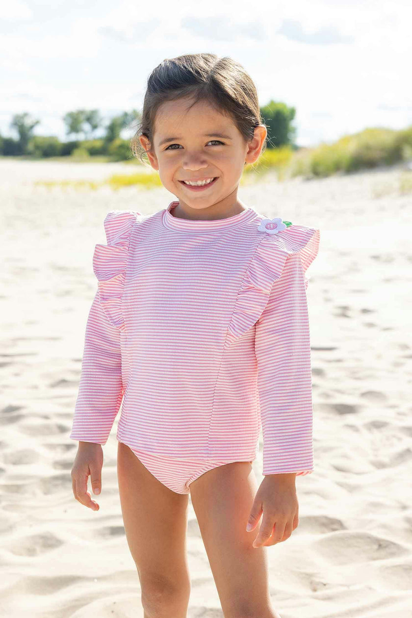 Stripe Seersucker Rashguard Swimsuit With Flower