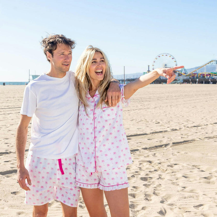 Women's Pink Palm Tree Short PJ Set - Organic Cotton Poplin