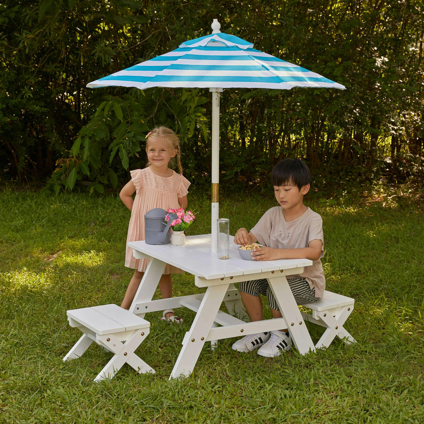 kids patio set with umbrella Picnic Table 2 Folding Chairs and Height Adjustable Babyjoy Use the included ottoman as a table for snacks or push it directly up to the seating area for even more space to lounge around Gorilla Playsets Wooden Children's Picnic