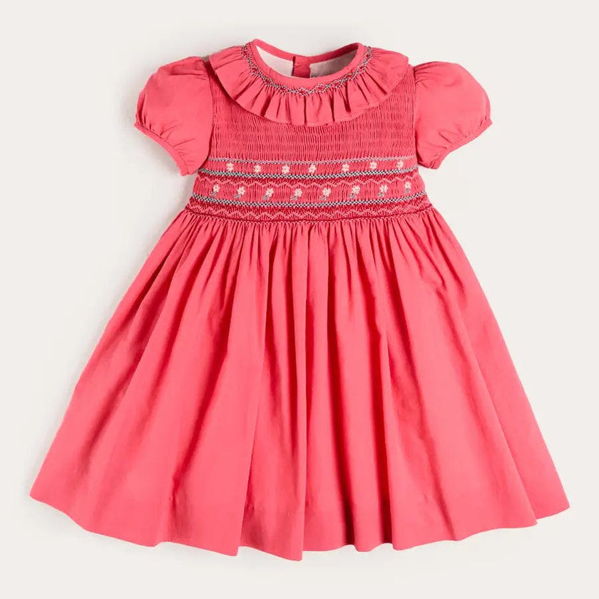 Hand Smocked Flower Embroidered Dress in Strawberry (12mths- 10yrs)