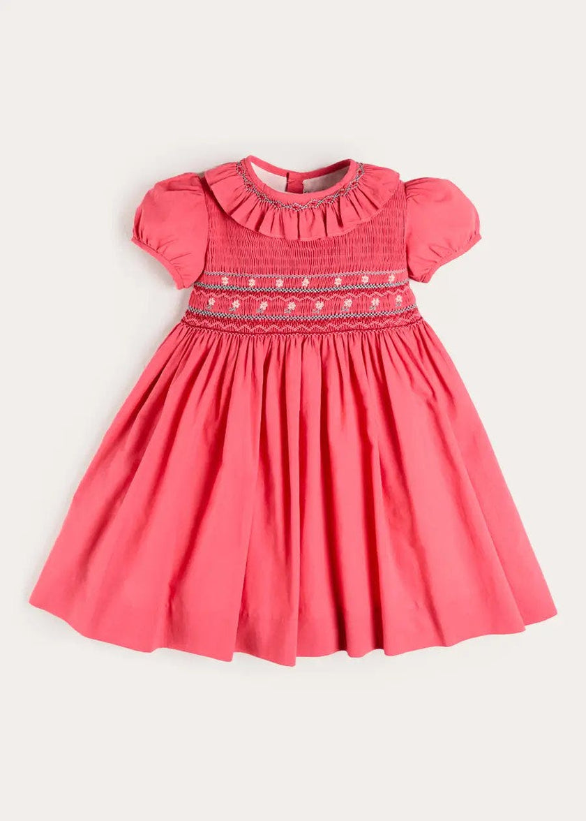 Hand Smocked Flower Embroidered Dress in Strawberry (12mths- 10yrs)