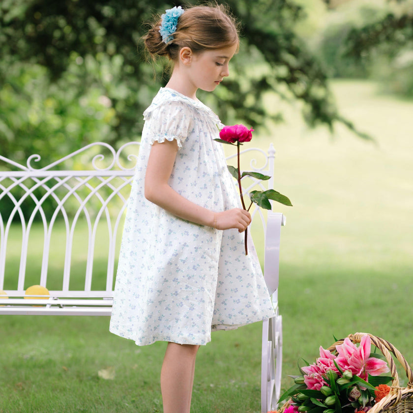 Myrtille Blue Floral Short Sleeve Bishop Dress