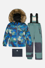 Two Piece Play Snowsuit Blue Camouflage Print With Green Pants