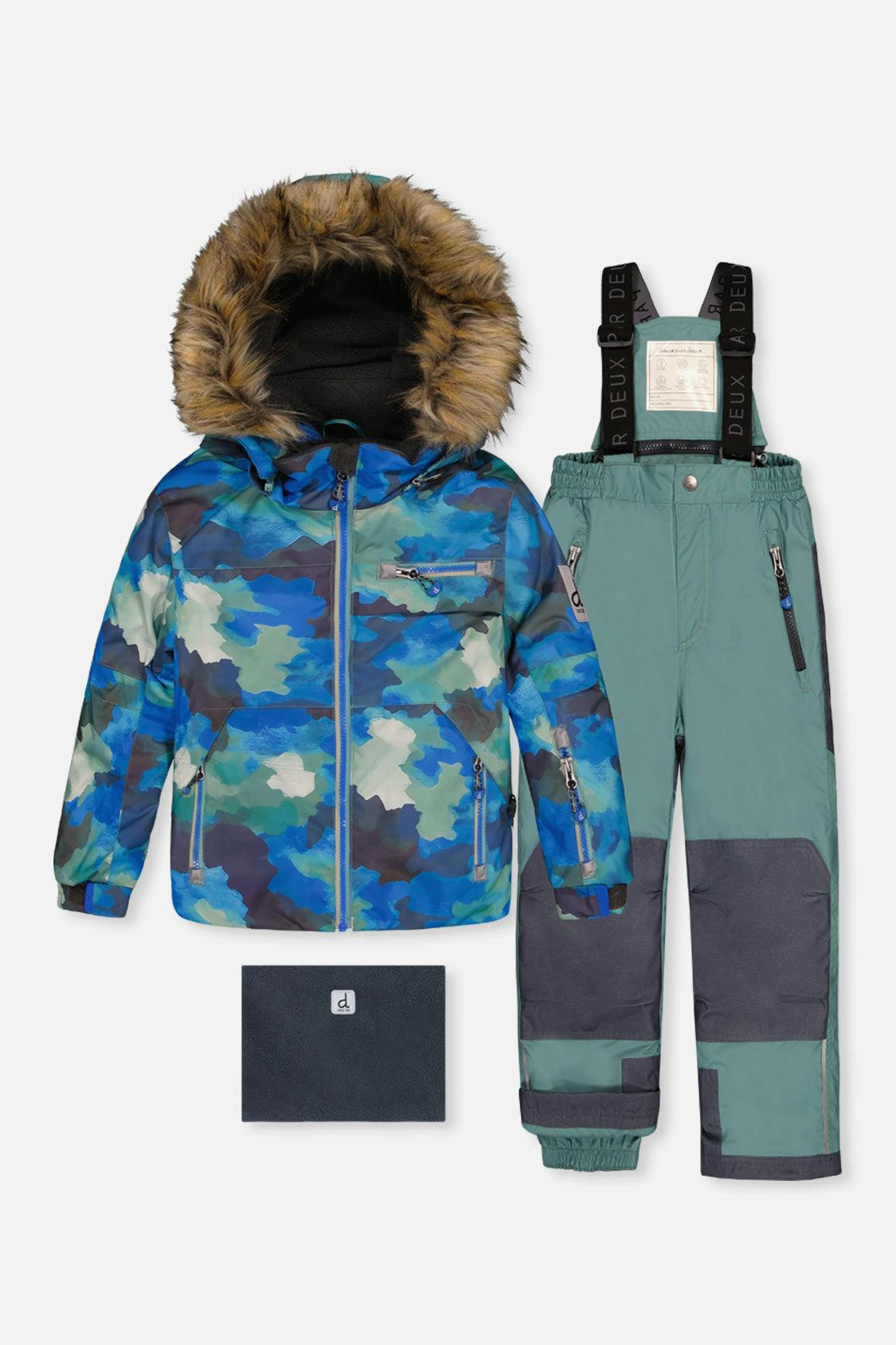 Two Piece Play Snowsuit Blue Camouflage Print With Green Pants