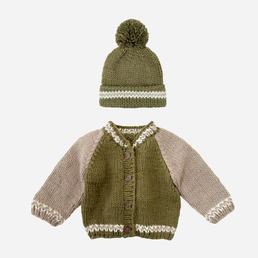 Varsity Cardigan and Hat Set - Moss