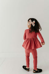 Girls Ribbed Peplum Shirt in Dusty Cedar