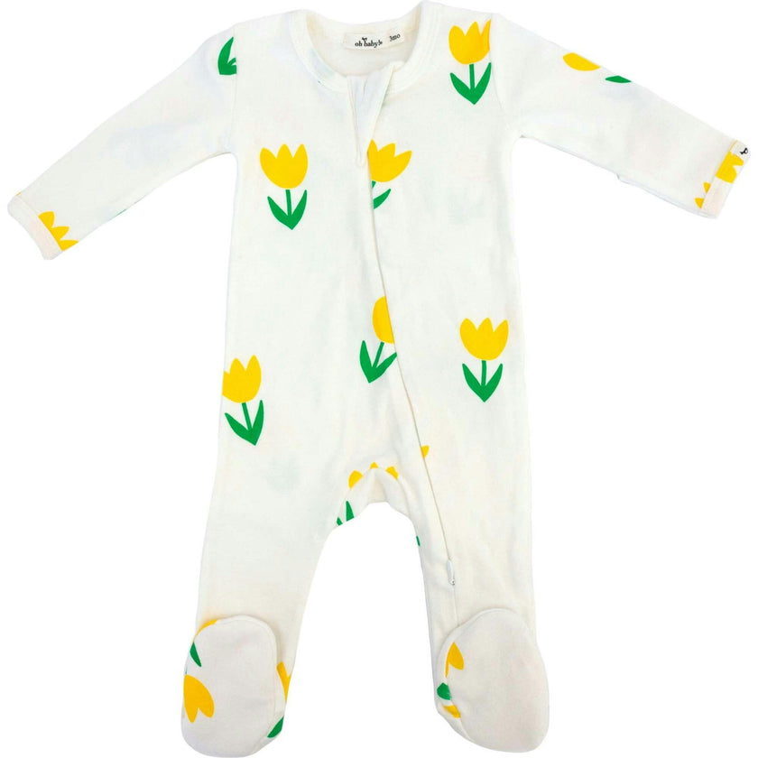 Yellow Tulips Print Zipper Footie