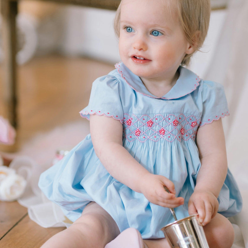 Cassis Blue Short Sleeve Smocked Romper
