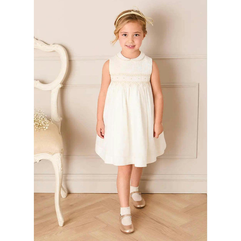 Hand Smocked Gold Embroidered Sleeveless Dress in Ivory (12mths- 10yrs)
