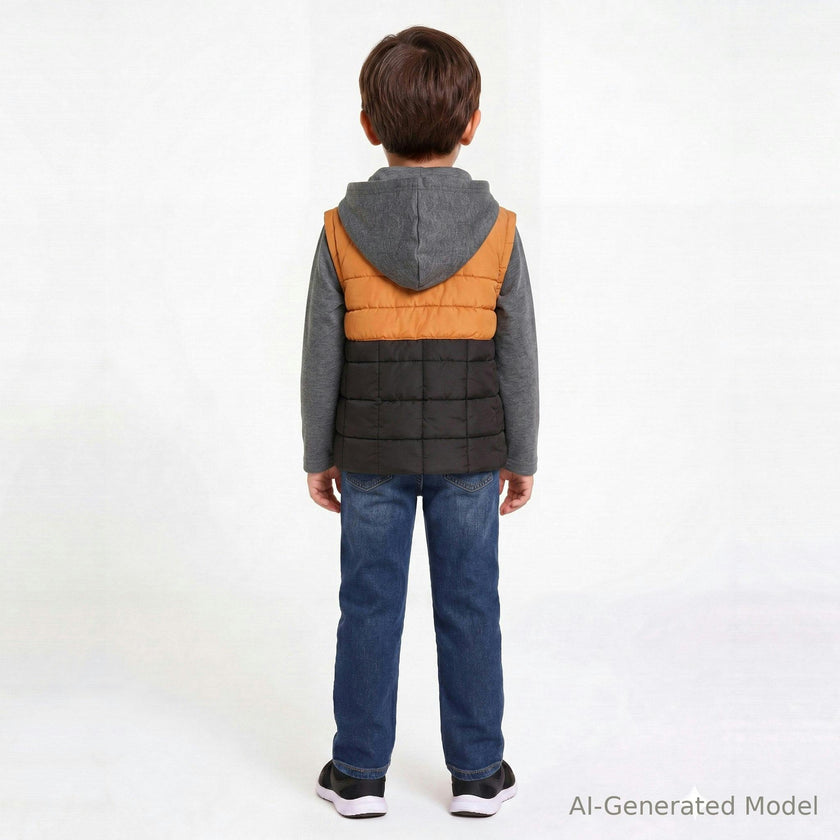 Hooded Puffer Vest Jacket | Black & Cognac
