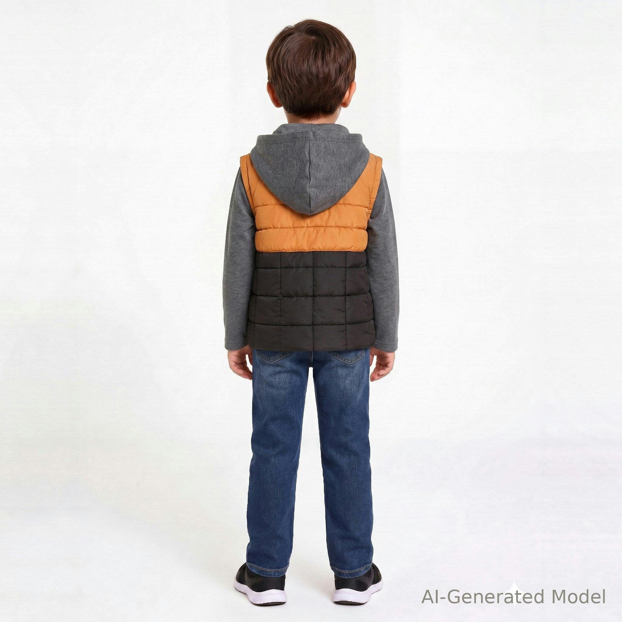 Hooded Puffer Vest Jacket | Black & Cognac
