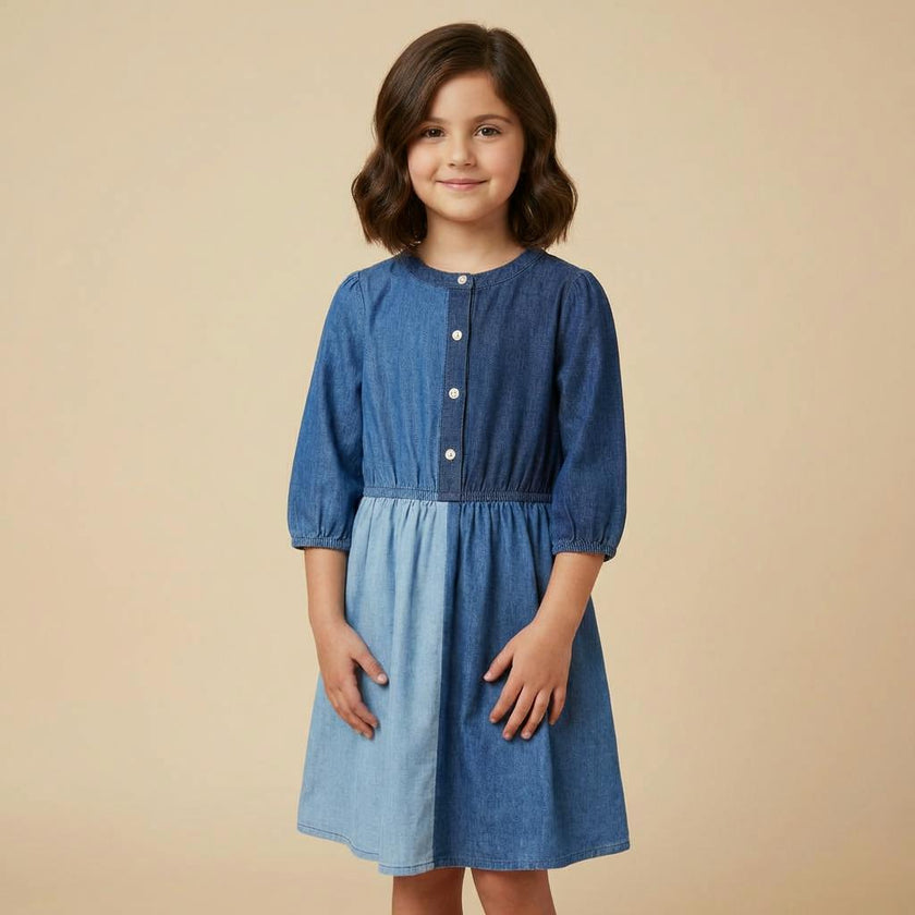 Girls Denim Colorblock Dress