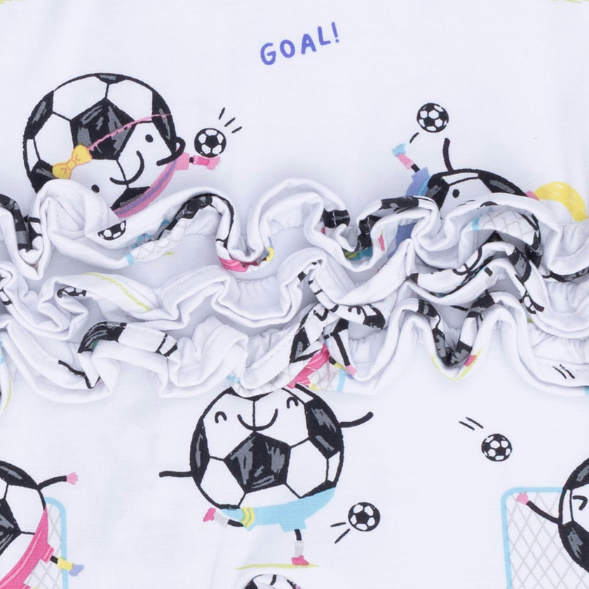 Soccer Balls Playing Soccer Pink - 2 Way Ruffle Back Zipper Footie