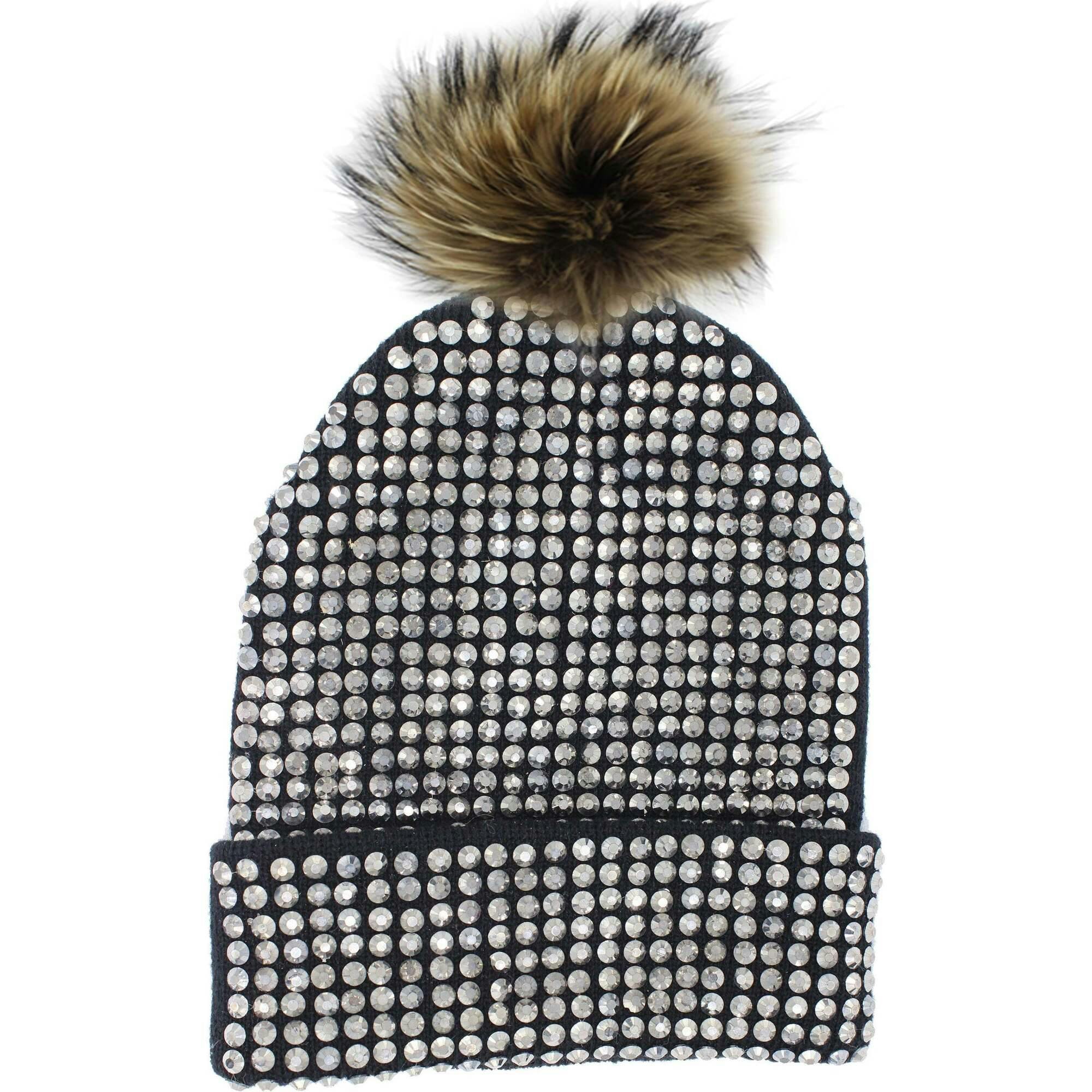 Studded Crystal Faux Fur Pom Pom Beanie