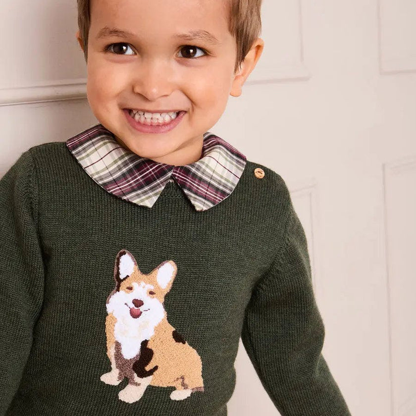 Corgi Embroidered Button Detail Jumper in Green (18mths-10yrs)