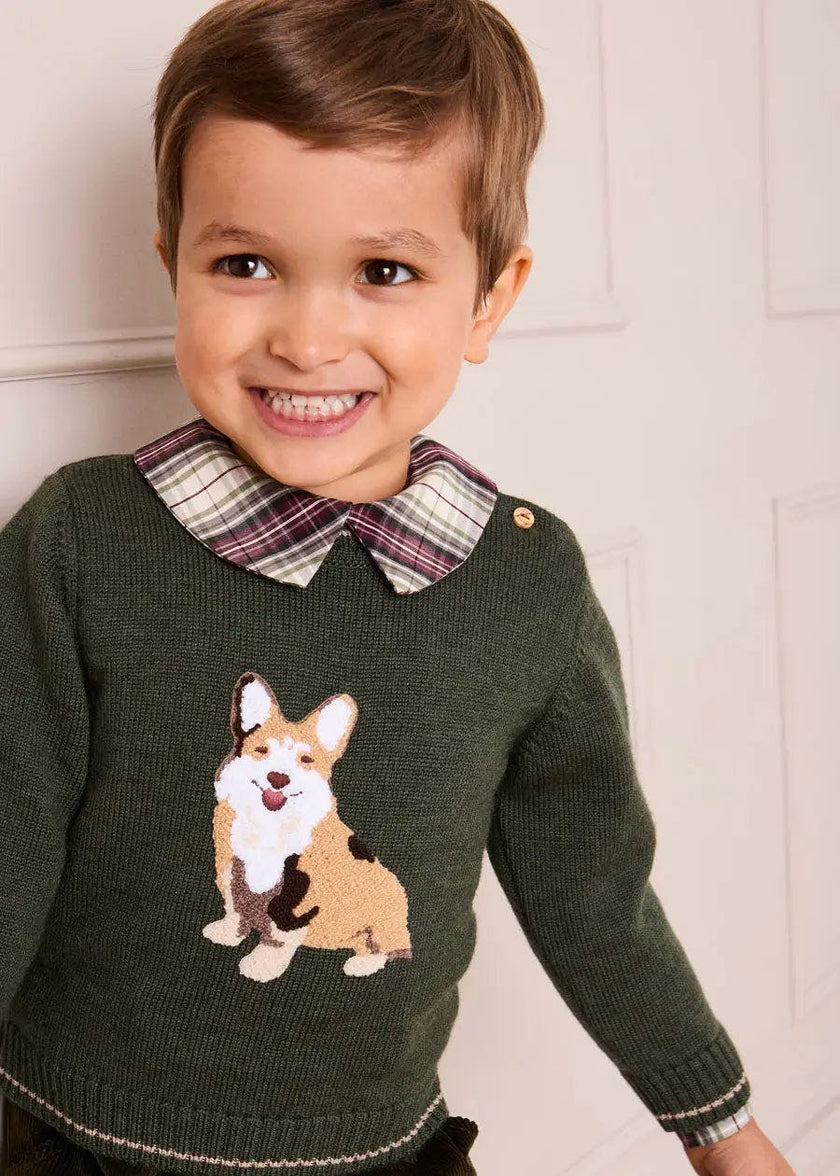 Corgi Embroidered Button Detail Jumper in Green (18mths-10yrs)