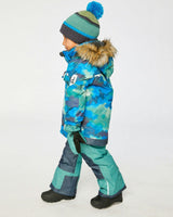 Two Piece Play Snowsuit Blue Camouflage Print With Green Pants