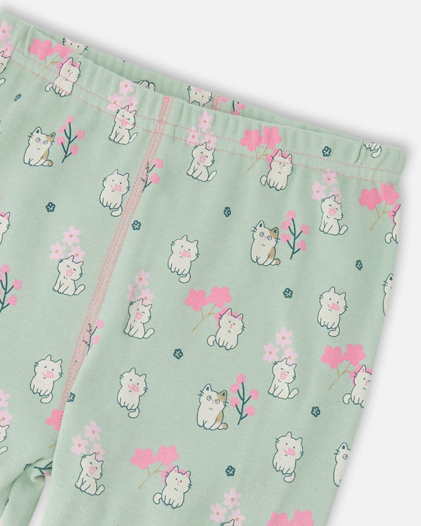 Organic Cotton Two-Piece Pyjama Set Green Kitten Print