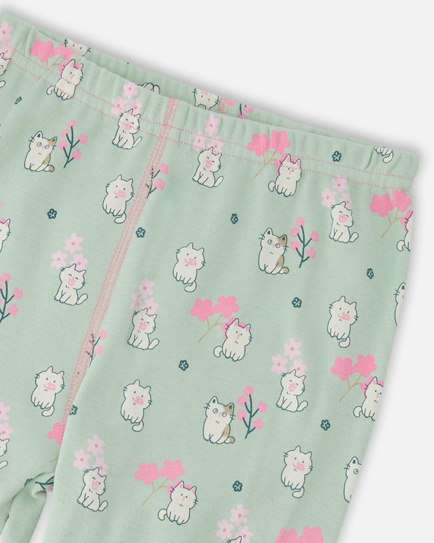 Organic Cotton Two-Piece Pyjama Set Green Kitten Print