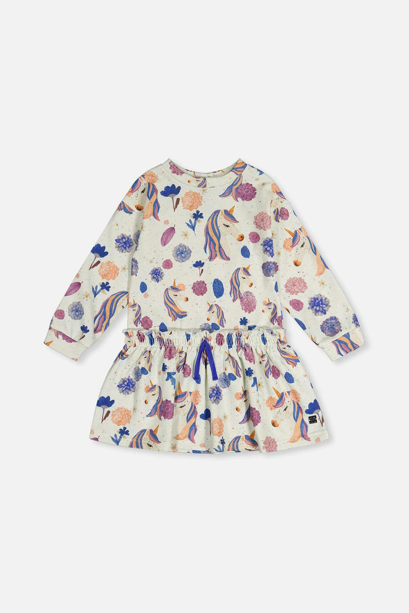 French Terry Dress Beige Unicorn Print