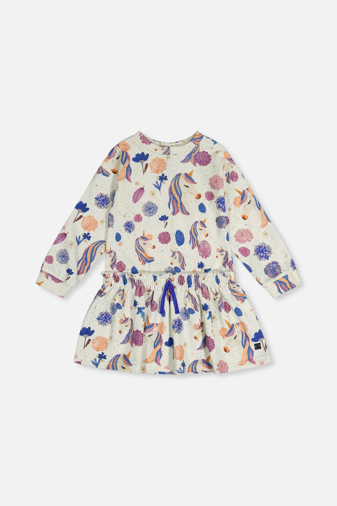 French Terry Dress Beige Unicorn Print