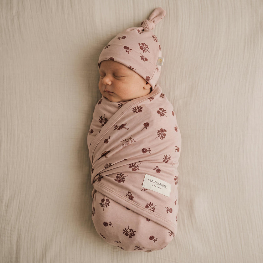 Organic Swaddle Blanket & Hat Set - Rosebud