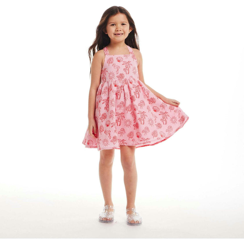 Kids Pink Tropical Icon Printed Gauze Dress