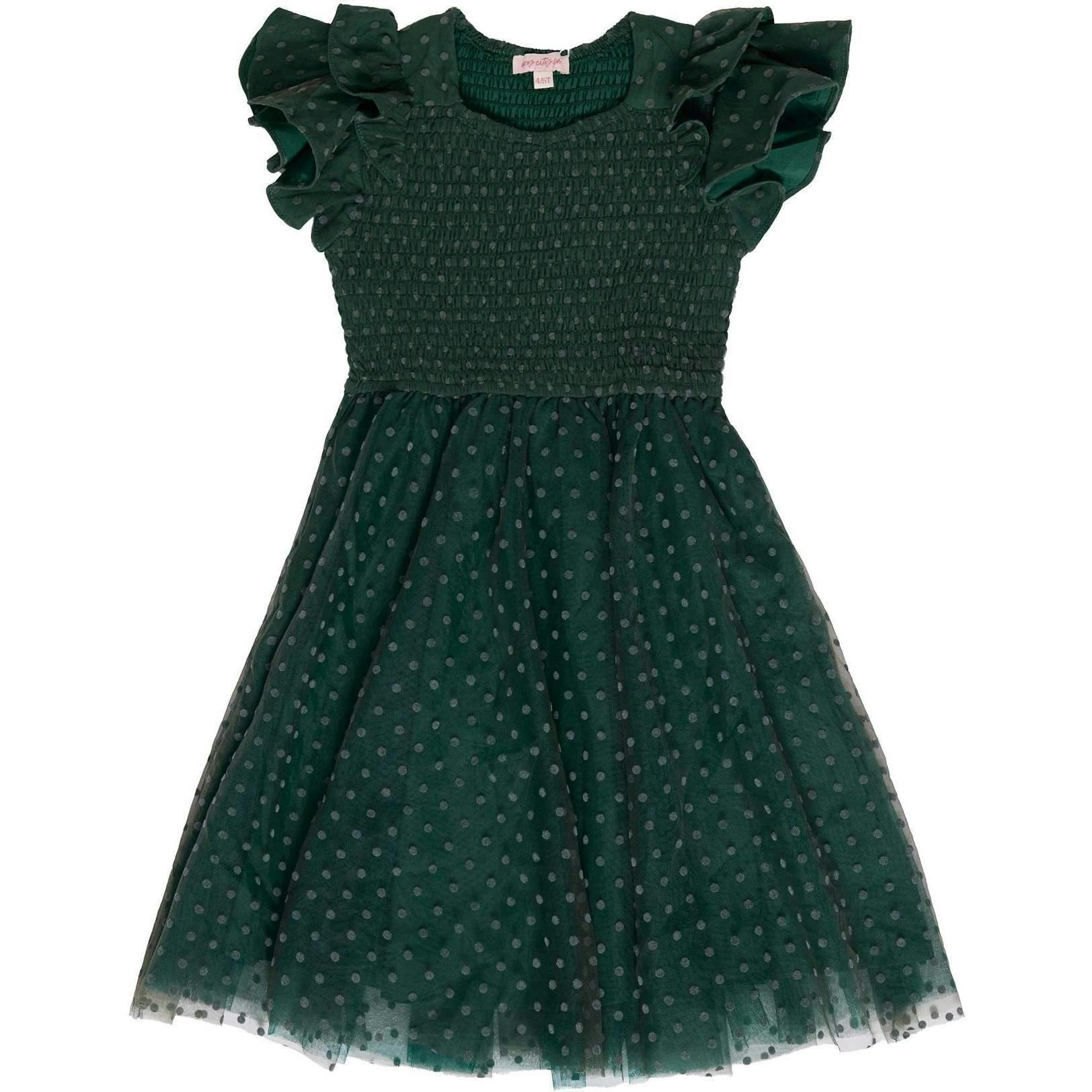 Mini Hattie Dress in Green Flocked Dot Tulle