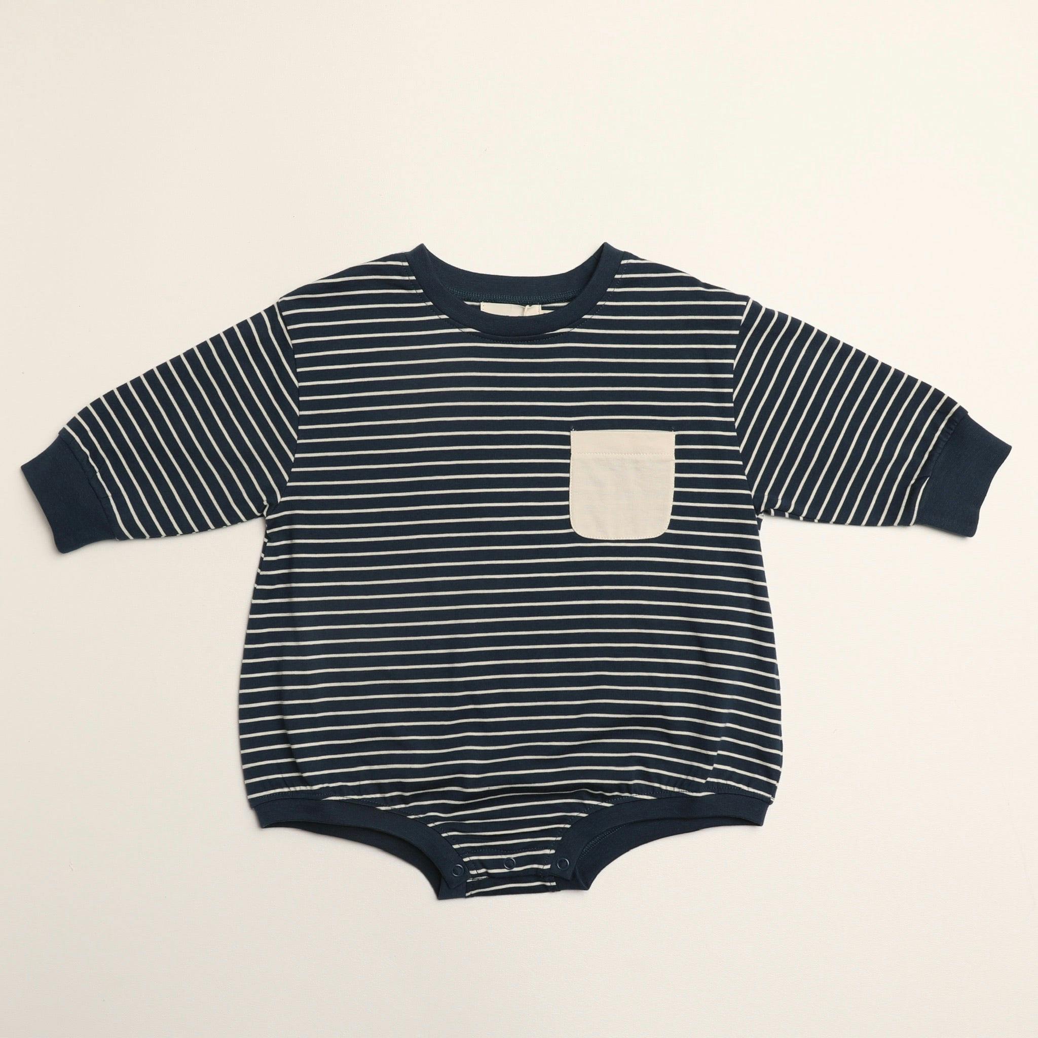 Harley Pocket Romper in Thin Deep Blue Stripe