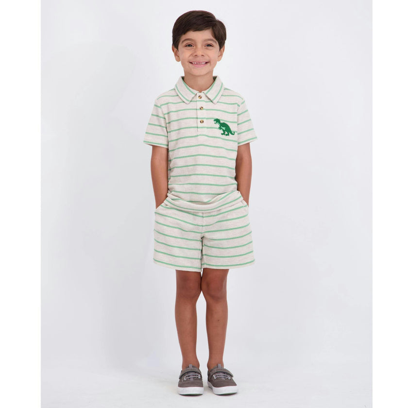 Boys Striped Waffle Polo Set | Oatmeal Dino