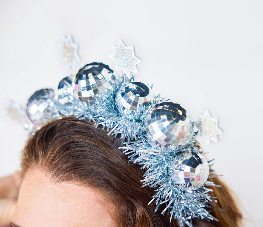 Packed Party Disco Ball Novelty Headband - Silver Tinsel Satin Headband with Multi-Size Disco Balls and Silver Glitter Stars, One Size Fits All