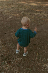 Harley Pocket Romper in Thin June Bug Stripe