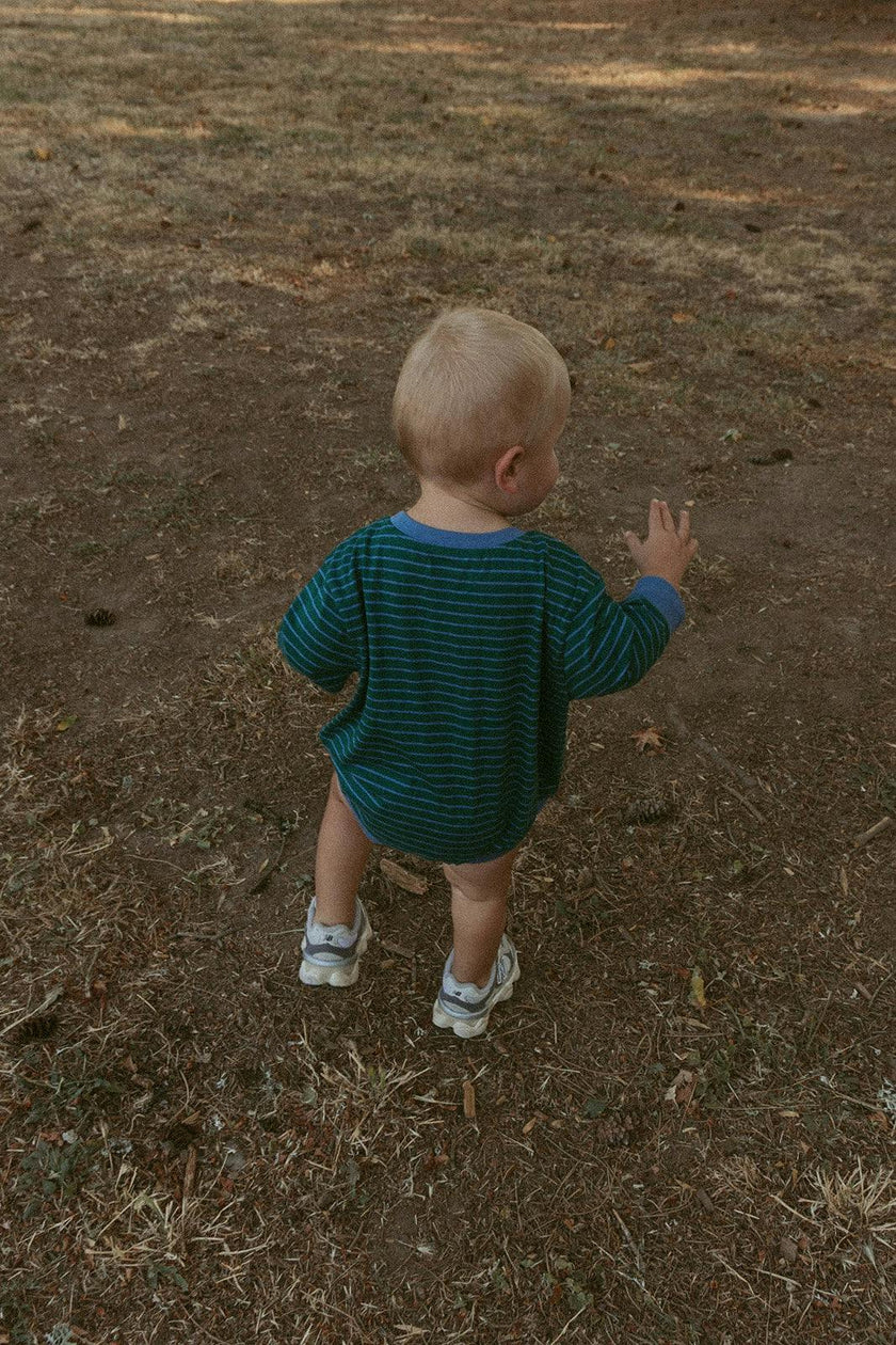 Harley Pocket Romper in Thin June Bug Stripe