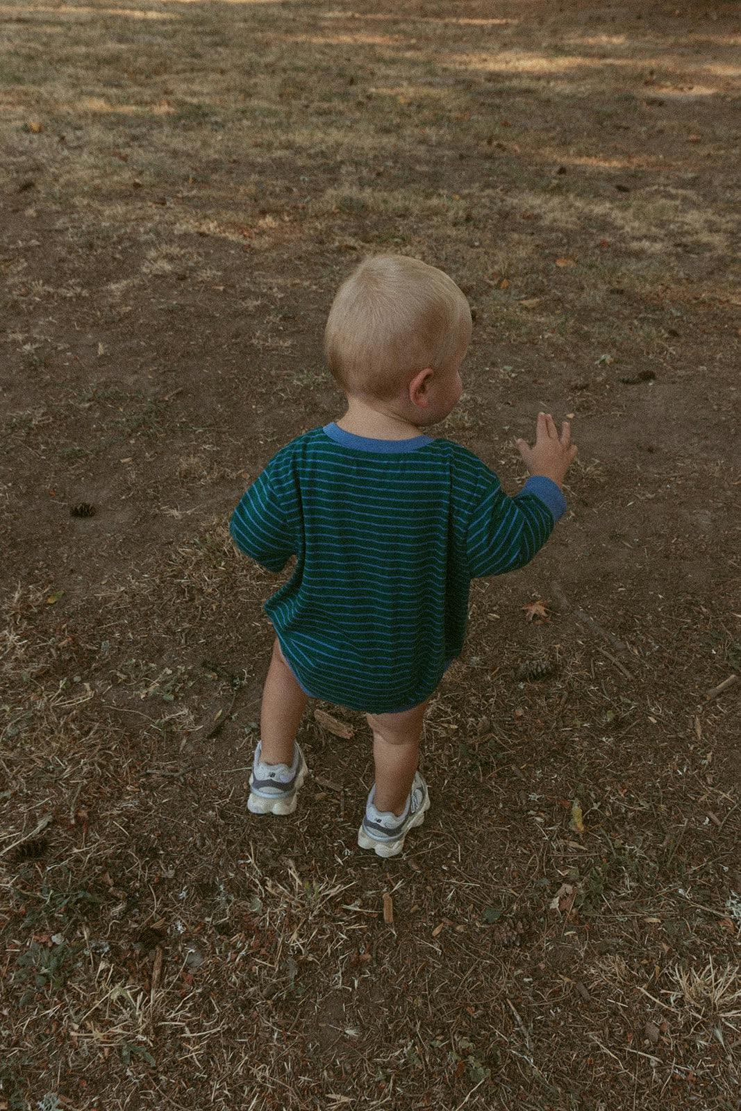 Harley Pocket Romper in Thin June Bug Stripe