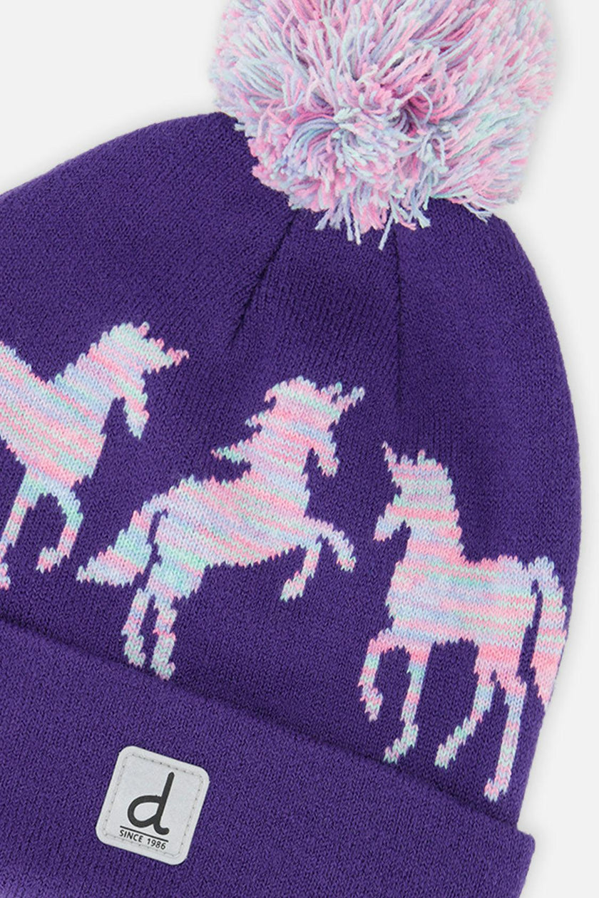 Winter Knit Hat With Pompom Purple And Blue