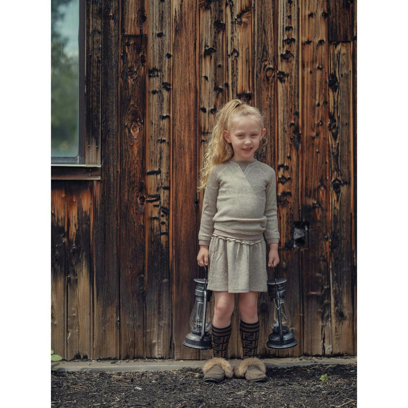 Waffle Knit Tiered Yoke Ribbed Waist A-Line Short Skirt