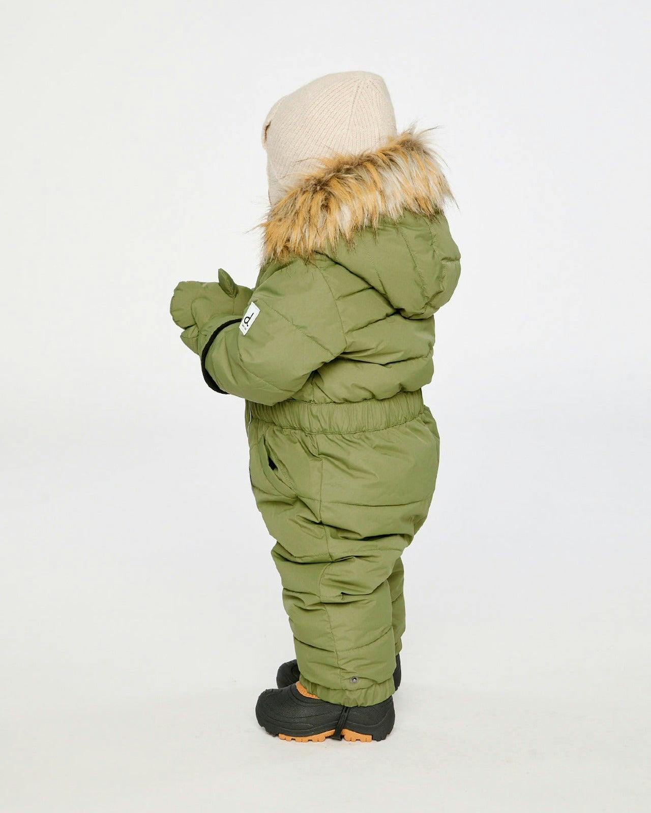 Baby Original One Piece Puffy Snowsuit With Removable Mittens And Boots Olive Green