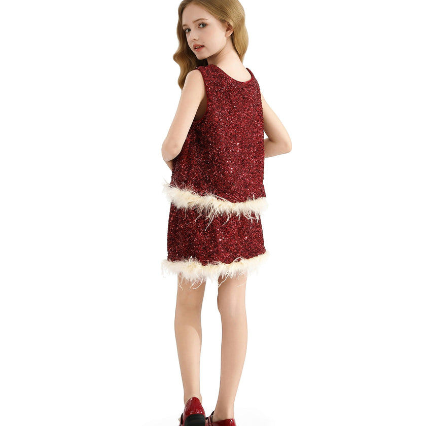 Red Sequin Feather-Trim Set