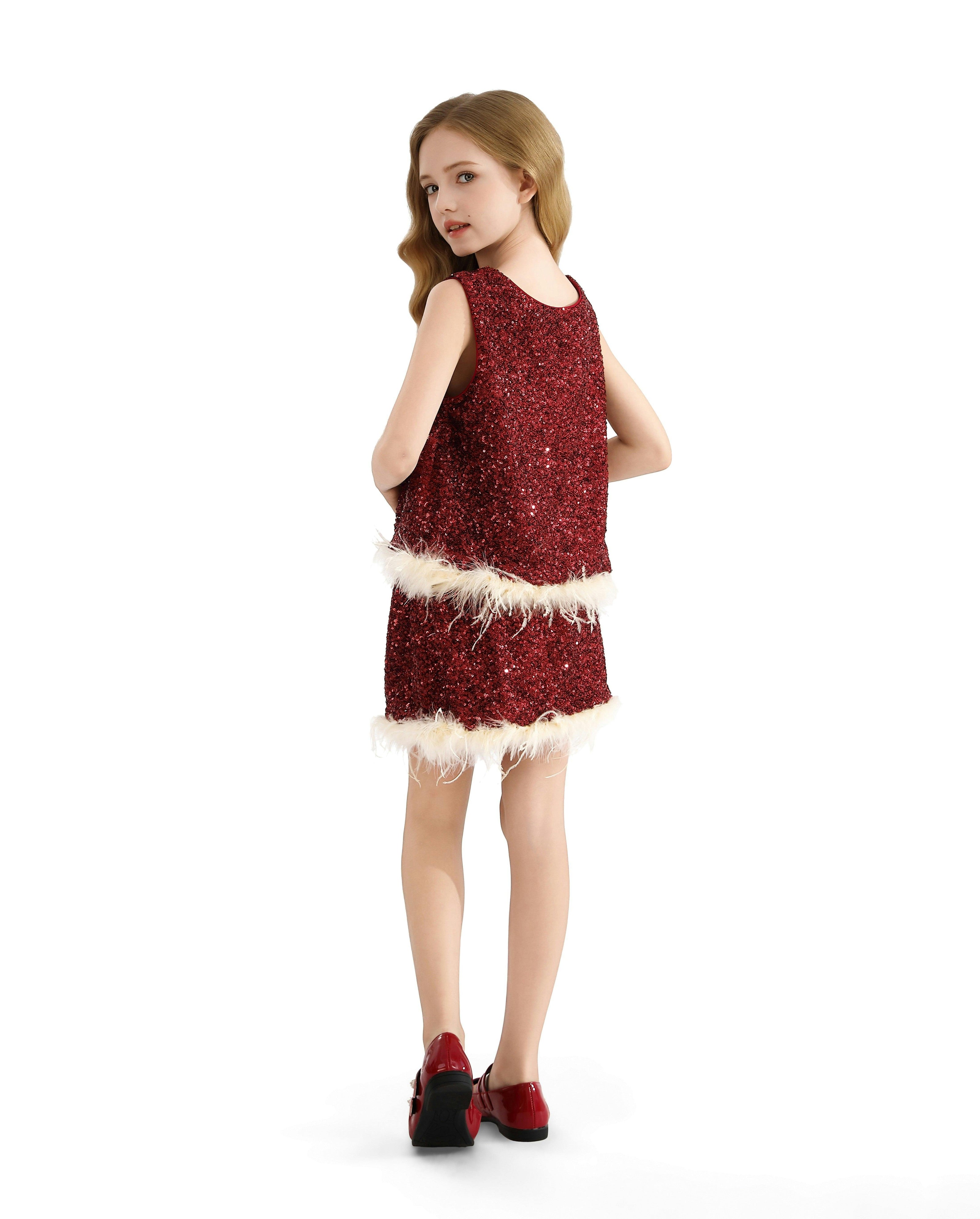 Red Sequin Feather-Trim Set