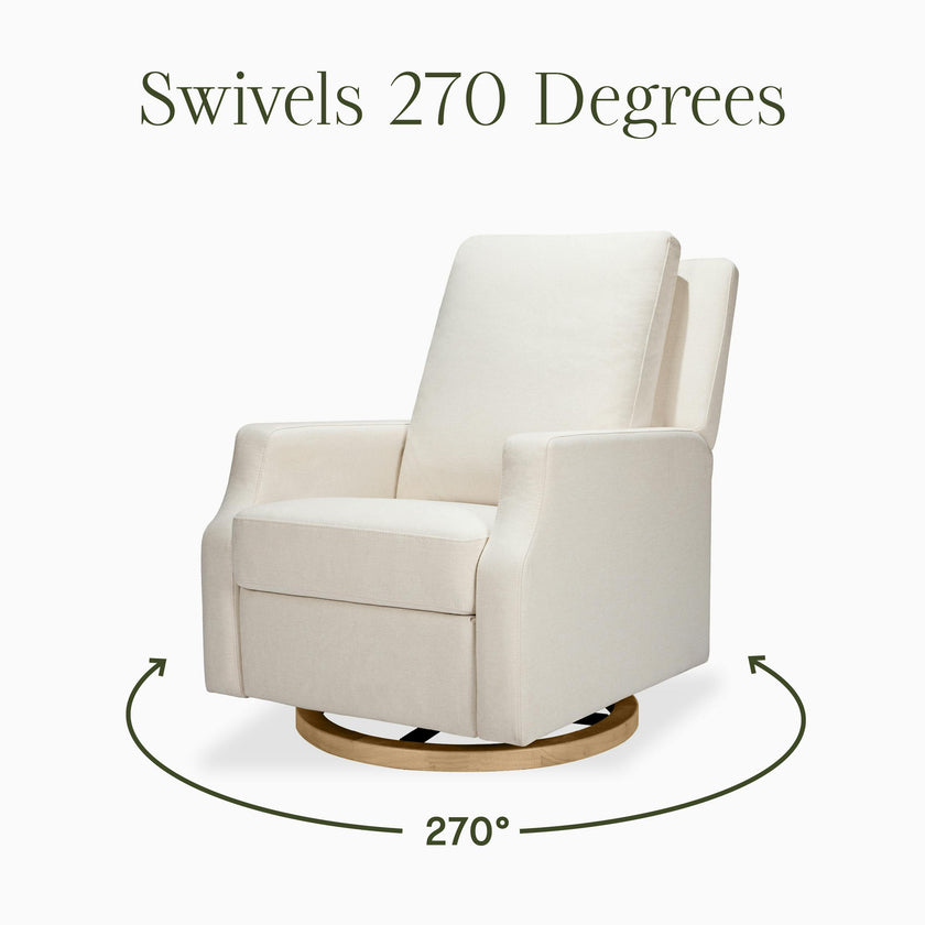 Crewe Electronic Recliner and Swivel Glider in Performance Cream Eco-Weave with Light Wood Base