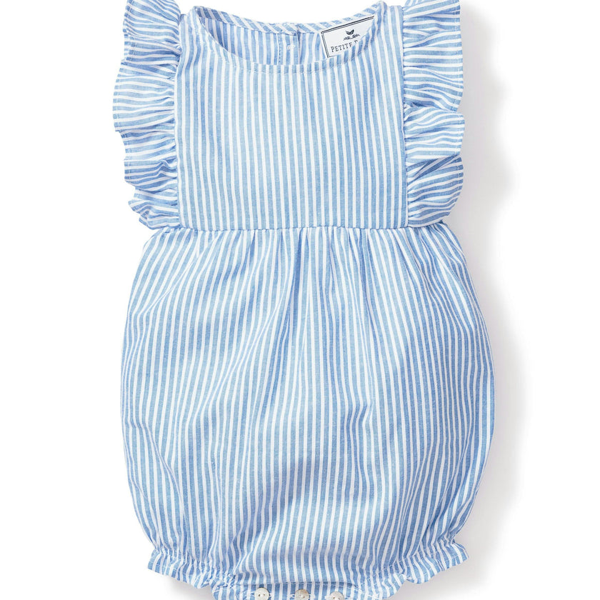Baby's Twill Ruffled Romper in French Blue Stripes