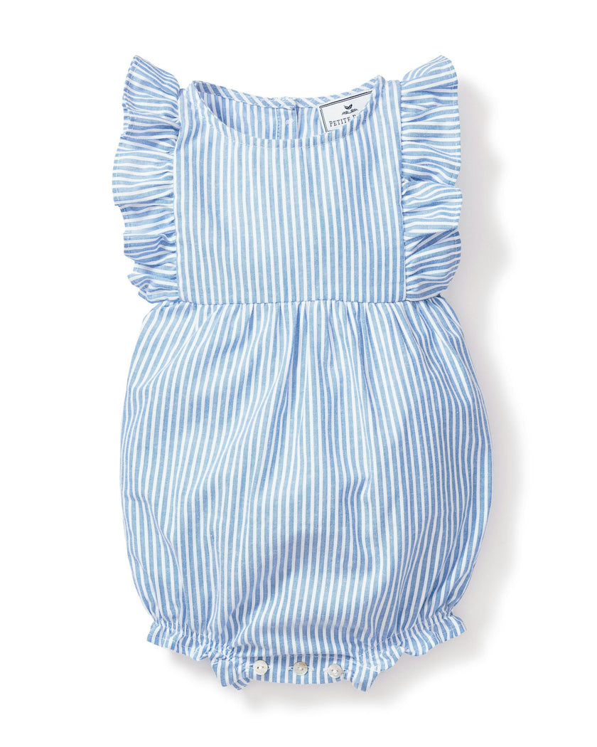 Baby's Twill Ruffled Romper in French Blue Stripes