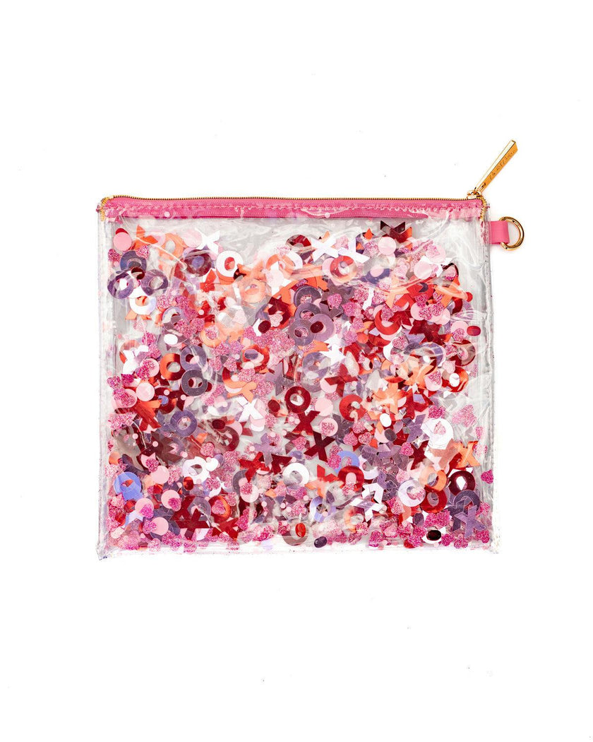 Packed Party Valentine XO Confetti Everything Pouch - Pink Red XOXO Confetti-Trapped Clear Vinyl Clutch Organizer, 8.75x7.75 Inch