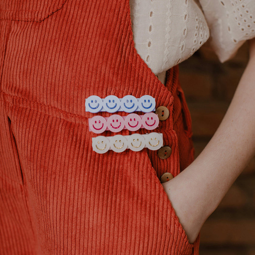 Happy Faces Satin Blue White Pink Hair Clips -BTS